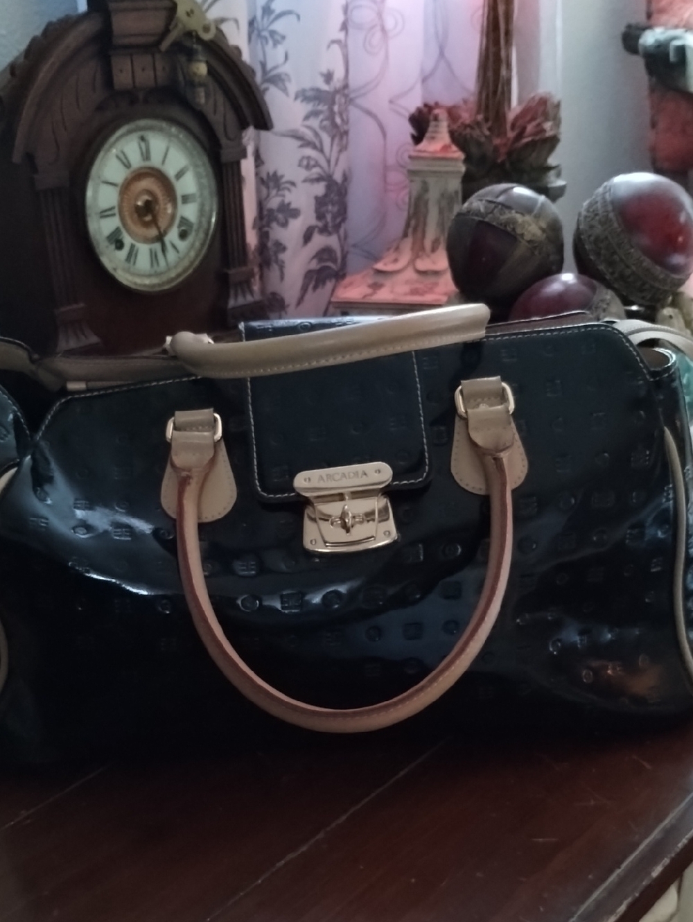 Arcadia Black Patent Satchel with Tan Trim and Handles